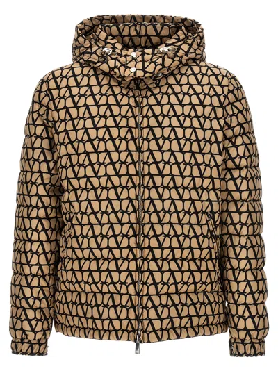 Shop Valentino Logo Down Jacket In Beige