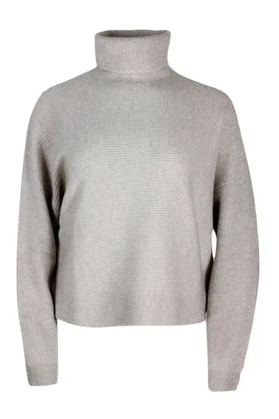 Shop Brunello Cucinelli High Neck Sweater In Wool, Silk And Cashmere With English Rib Knit With Precious  In Beige