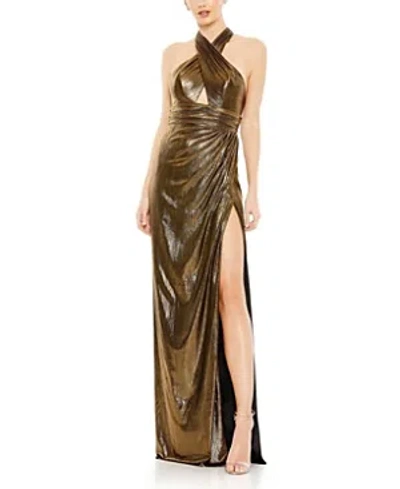 Mac Duggal Metallic Criss Cross Halter Neck Gown In Antique Gold
