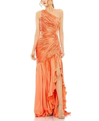 Shop Mac Duggal Side Cut-out One-shoulder Pleated Gown In Coral