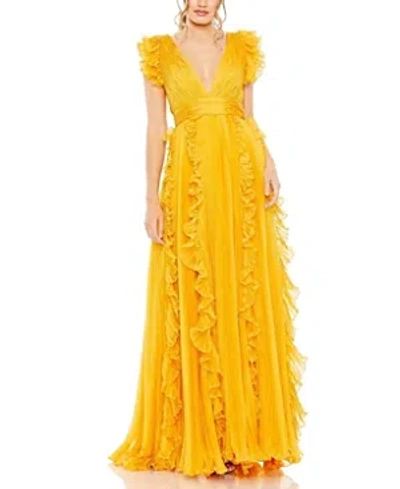 Shop Mac Duggal Pleated Ruffle Cap Sleeve Flowy A Line Gown In Marigold