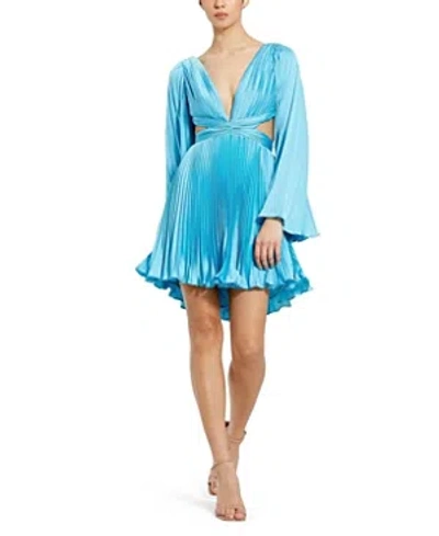 Shop Mac Duggal Pleated V-neckline Cutout Long Sleeve Mini Dress In Turquoise