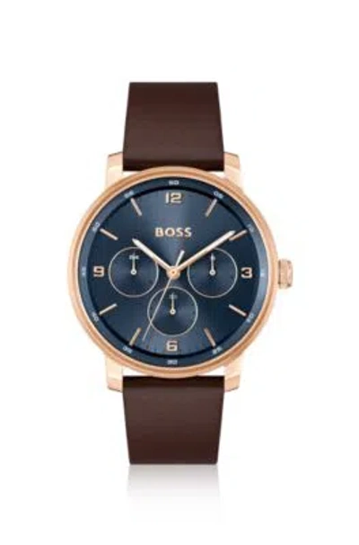 Shop Hugo Boss Blue-dial Watch With Brown Leather Strap Men's Watches In Assorted-pre-pack