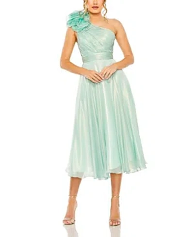 Shop Mac Duggal Rosette One Shoulder Tea Length Dress In Sage