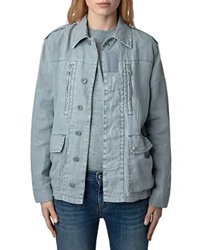 Shop Zadig & Voltaire Kid Linen Skull Wings Graphic Jacket In Glacier