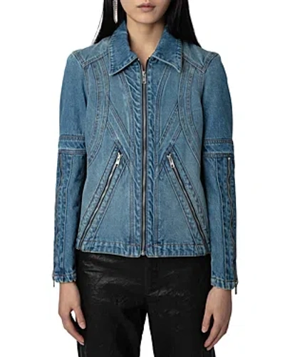 Shop Zadig & Voltaire Bons Zippered Denim Jacket In Light Blue