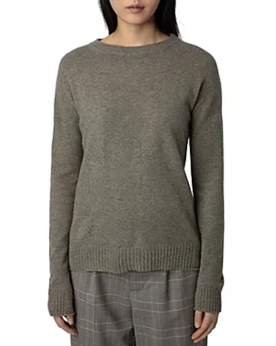 Shop Zadig & Voltaire Cici Cashmere Elbow Patch Sweater In Kaki Clair