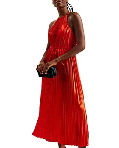 Shop Ted Baker Pleated Halter Neck Midi Dress In Red