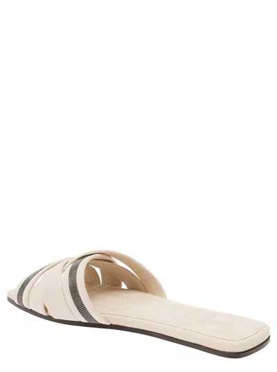 Shop Brunello Cucinelli White Sandals With Crossover Strap And Monile In Leather Woman