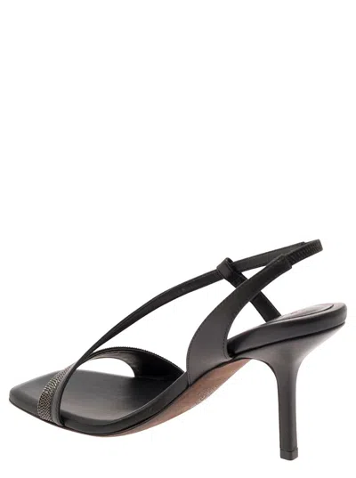 Shop Brunello Cucinelli Black Slingabck Sandals With Monile Embellishment In Leather Woman