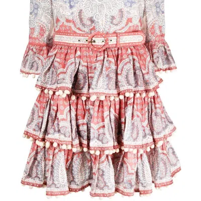 Shop Zimmermann Vitali Tiered Hem Mini Dress Indigo/ruby Paisley In Pink