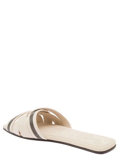 Shop Brunello Cucinelli White Sandals With Crossover Strap And Monile In Leather Woman