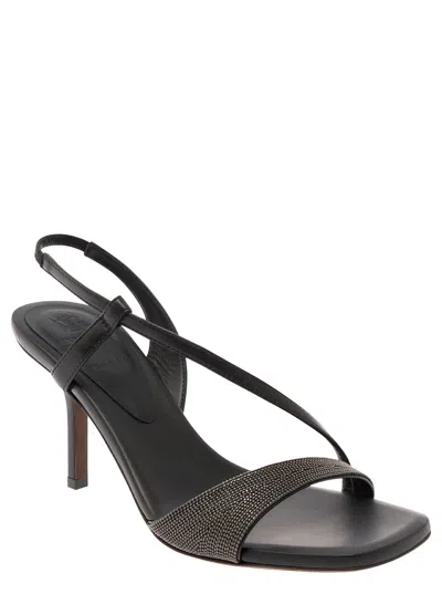 Shop Brunello Cucinelli Black Slingabck Sandals With Monile Embellishment In Leather Woman