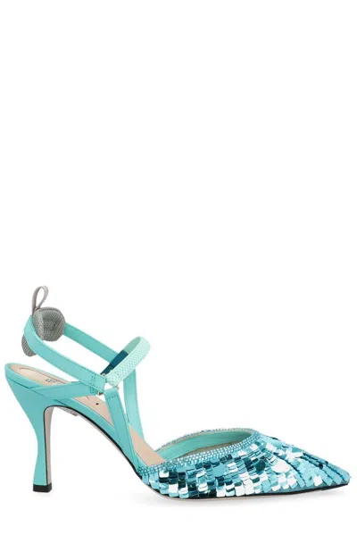 Shop Fendi Sequin-embellished High-heeled Slingback Pumps In Azzurro