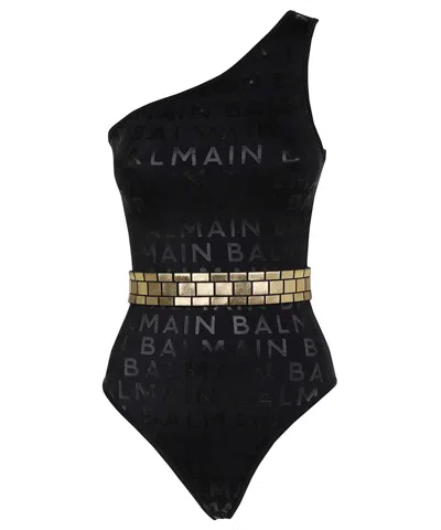 Shop Balmain Printed One-piece Swimsuit In Black