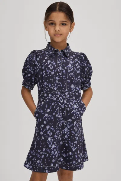 Shop Reiss Joanne - Navy Print Junior Printed Puff Sleeve Dress, Age 8-9 Years