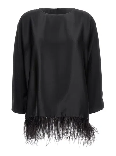 Shop Plain Black Feather Detail Crew Neck Blouse In Satin Fabric Woman