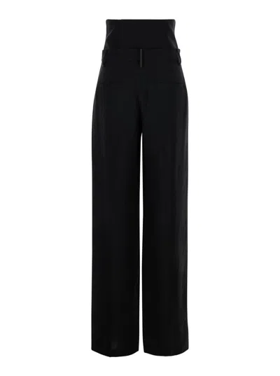 Shop Brunello Cucinelli Black High Waisted Tailored Trousers In Linen Blend Woman
