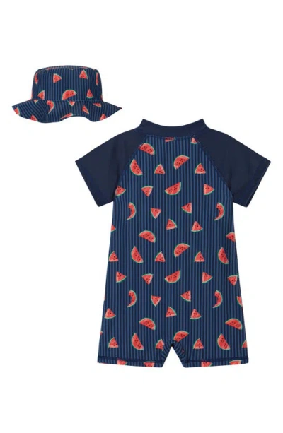 Shop Andy & Evan One-piece Rashguard Swimsuit & Hat Set In Navy