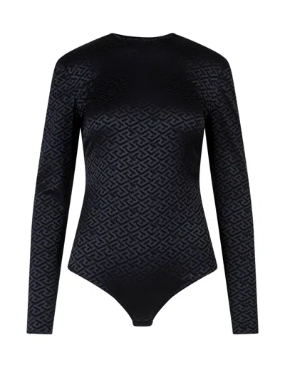 Shop Versace Greca Pattern Long Sleeved Crewneck Bodysuit In Default Title