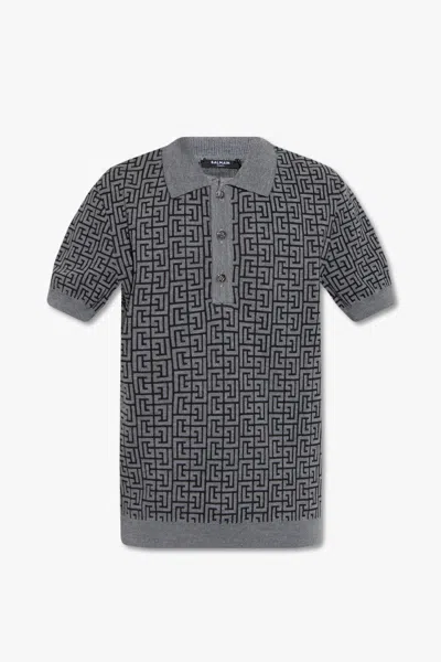 Shop Balmain Monogram Jacquard Knitted Polo Shirt In Default Title