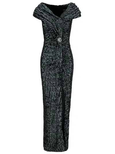 Shop Balmain Long Draped Off-shoulders Sequin Dress In Polyester Woman In Metallic
