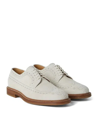 Brunello Cucinelli Perforated-embellished Suede Derby Shoes In Nude & Neutrals