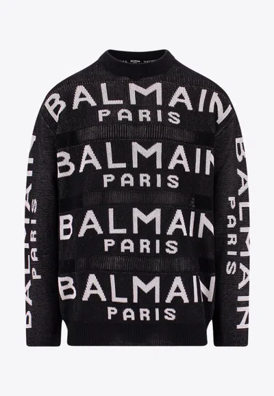 Shop Balmain All-over Logo Jacquard Sweater In Black
