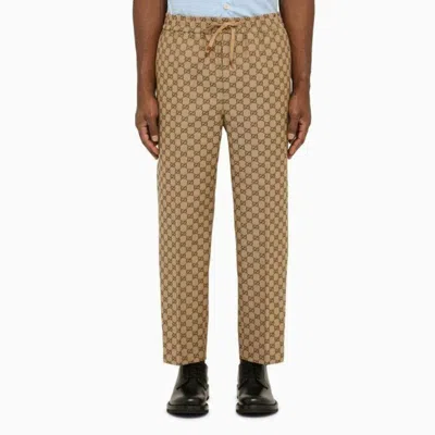 Shop Gucci Men Camel Jogging Trousers With Logo In Cream