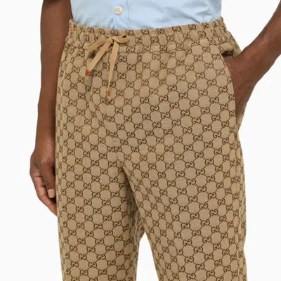 Shop Gucci Men Camel Jogging Trousers With Logo In Cream