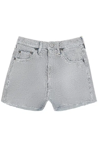 Shop Maison Margiela Shorts In Rhinestone Studded Denim In Light Blue, Silver