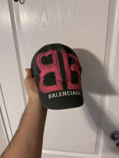 Pre-owned Balenciaga Pink Sprayed Graffiti Cap In Black