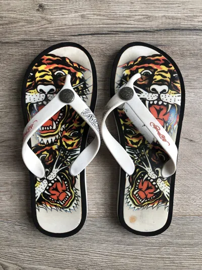 Pre-owned Christian Audigier X Ed Hardy By Christian Audigier Tigers Sandals Flip Flops In White