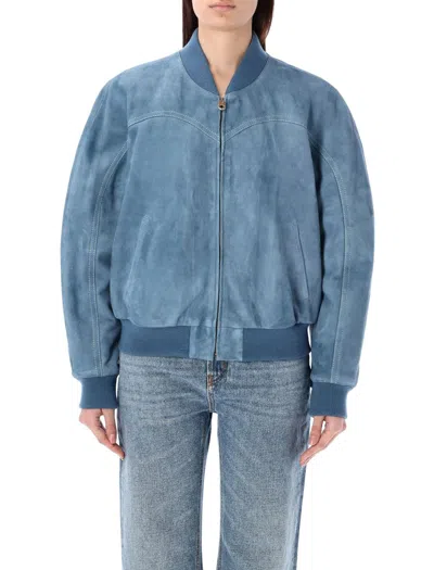 Shop Chloé Leather Bomber Jacket In Blue