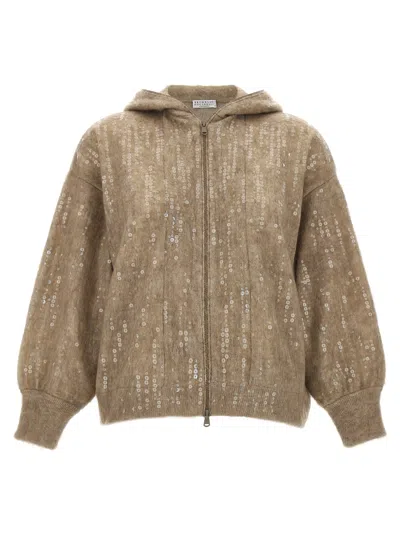 Shop Brunello Cucinelli Sequin Hooded Cardigan In Beige