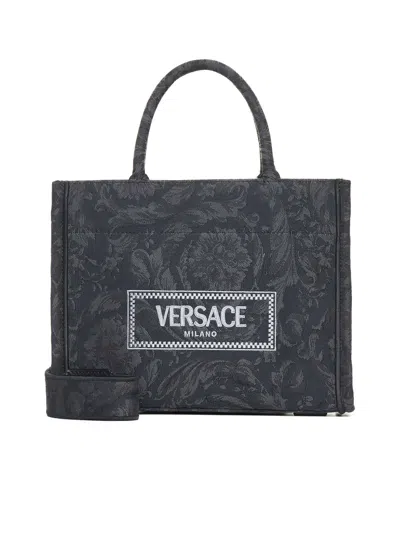 Shop Versace Tote In Black+black--gold
