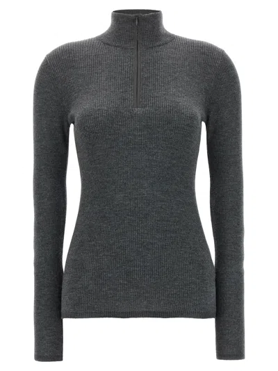 Shop Brunello Cucinelli Half Zip Ribbed Sweater In Gray