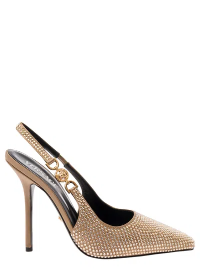 Shop Versace Medusa 95 Gold-colored Slingback Pumps With All-over Crystals In Satin Woman In Metallic