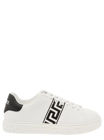Shop Versace New Greca White Low Top Sneakers With Logo Detail In Vegan Leather Man