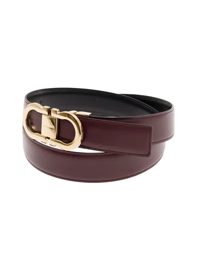 Shop Ferragamo Bordeaux And Black Reversible Belt With Gancini Buckle In Smooth Leather Woman In Red