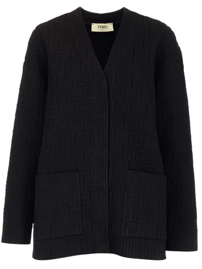 Shop Fendi Oversized V-neck Ff Motif Cardigan In Black