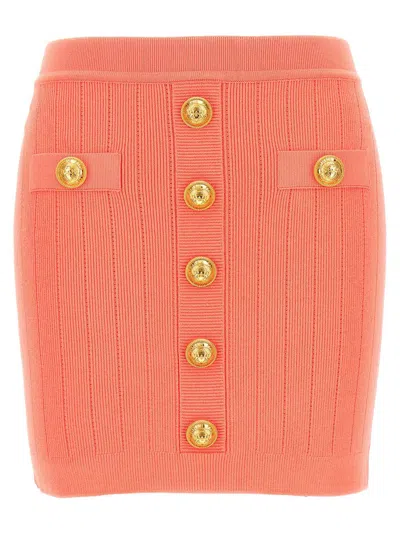 Shop Balmain Logo Button Knit Skirt In Pink