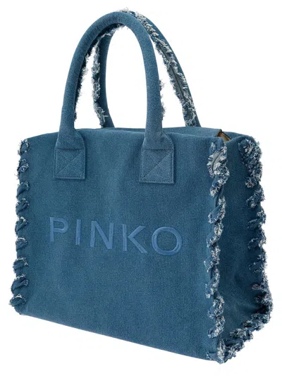 Shop Pinko 'beach' Blue Tote Bag With Logo Lettering Embroidery In Cotton Blend Denim Woman