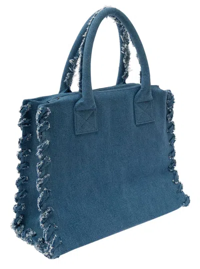 Shop Pinko 'beach' Blue Tote Bag With Logo Lettering Embroidery In Cotton Blend Denim Woman