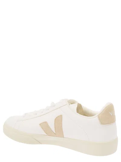 Shop Veja White And Beige Sneakers With Logo Details In Leather Man