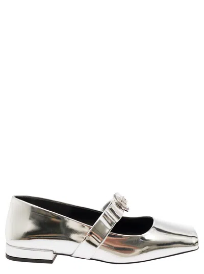 Shop Versace 'gianni Ribbon' Metallic Silver Ballerinas In Leather Woman In Grey