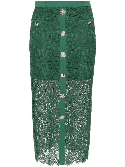 Shop Self-portrait Guipure Lace Midi Skirt In Green