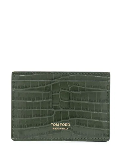 Shop Tom Ford Green T Line Leather Cardholder