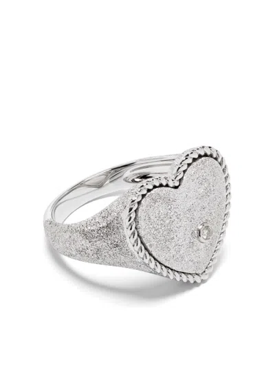 Shop Yvonne Léon 9k White Gold Chevalière Coeur Pailletée Signet Ring In Silver