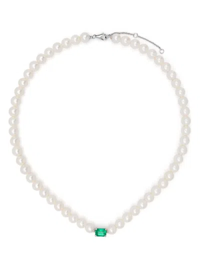 Shop Yvonne Léon 18k White Gold Collier Perles Pearl And Emerald Choker